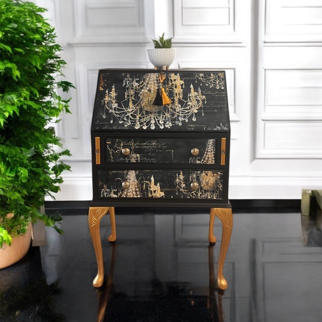 Vintage Writing Bureau Gold Leaf & Decoupaged Chandeliers