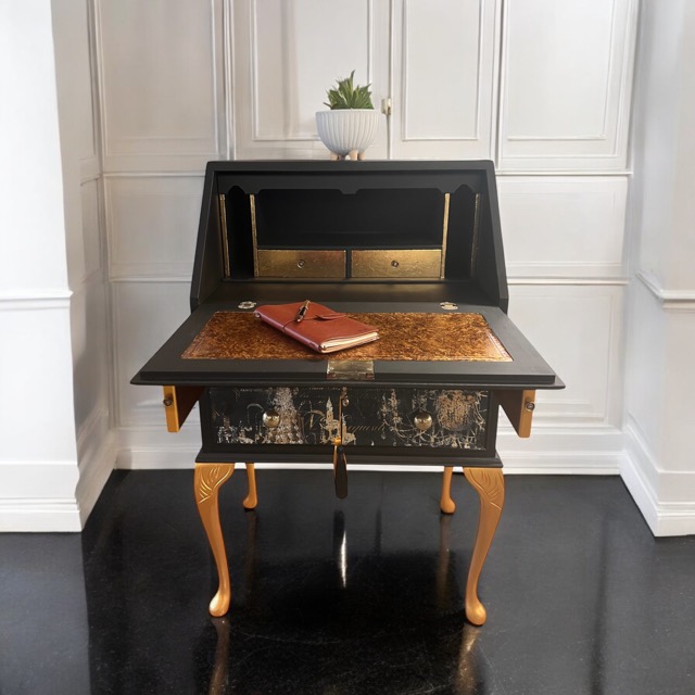 Vintage Writing Bureau Gold Leaf & Decoupaged Chandeliers - Image 3