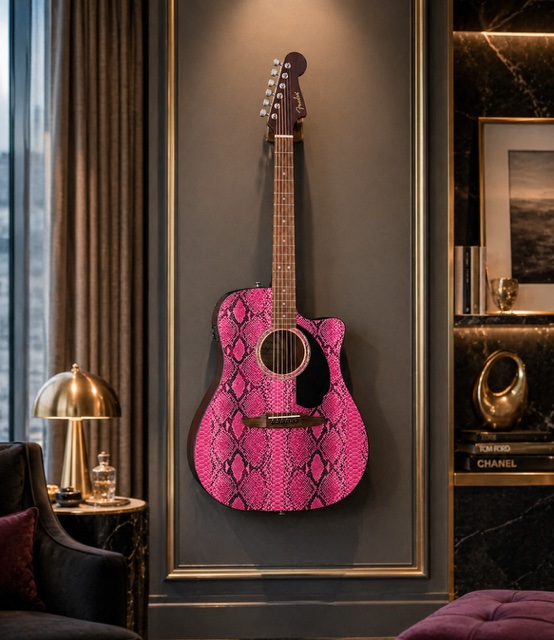 Pink Snakeskin Fender Electro Acoustic Guitar - Image 7