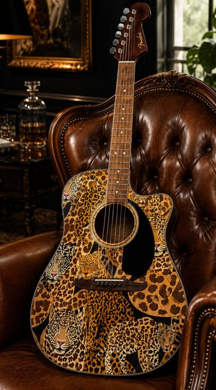 Gold Leopards Fender Electro Acoustic Guitar - Image 3