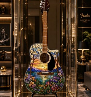 Stained Glass Scene Fender Electro Acoustic Guitar