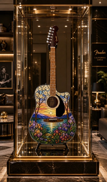 Stained Glass Scene Fender Electro Acoustic Guitar