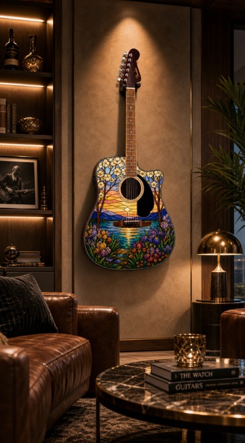 Stained Glass Scene Fender Electro Acoustic Guitar - Image 5
